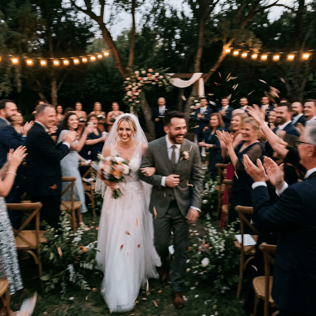 Bride and groom walking down the aisle as guests celebrate