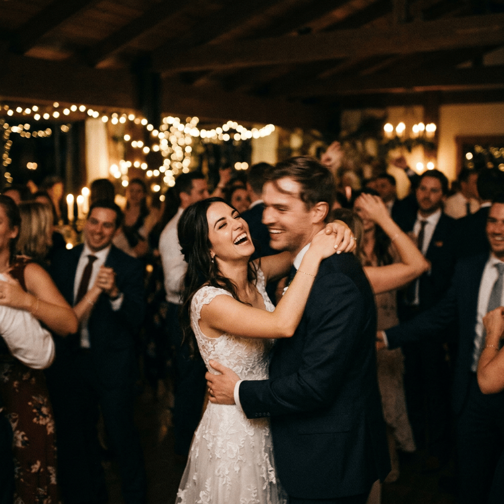Bride and groom dancing together at the reception