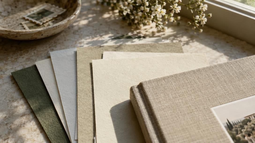 Close-up of linen album cover and paper texture in window light