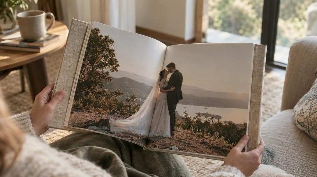 Hands holding a linen wedding album open to a full-bleed photograph