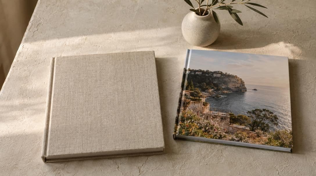 A linen album next to a glossier photo book on a plaster surface
