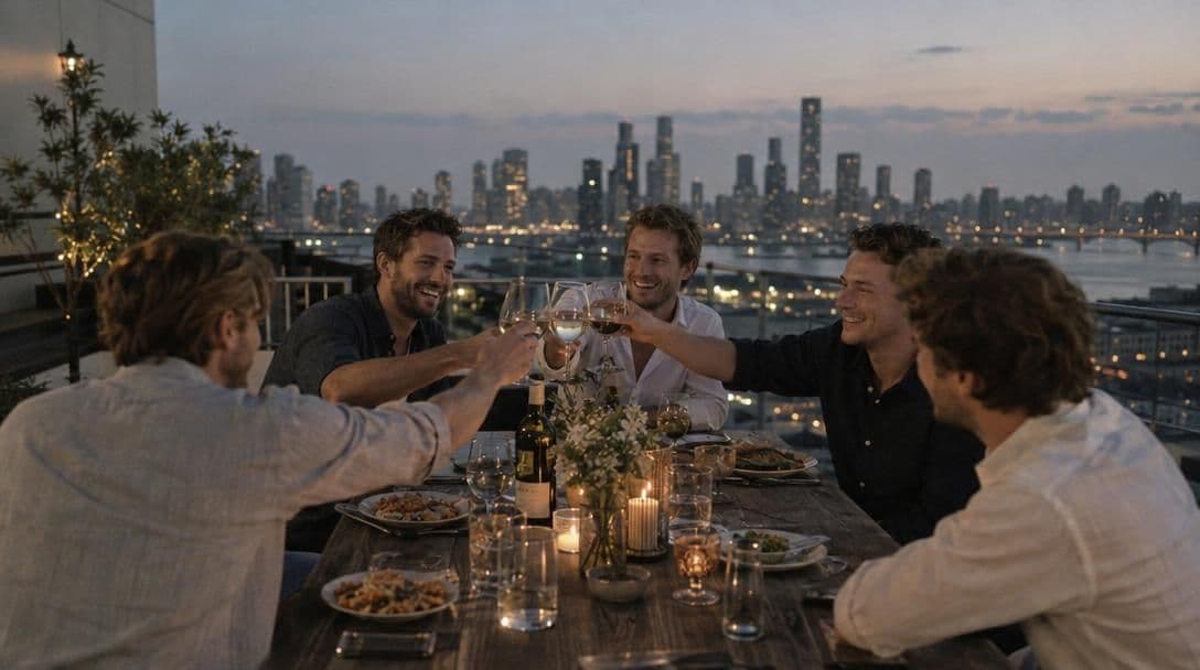 Friends toasting at a rooftop bachelor dinner