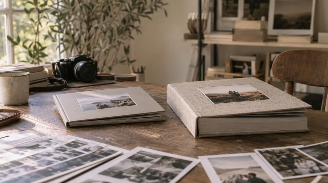 A slim professional photo album beside a thicker linen consumer album