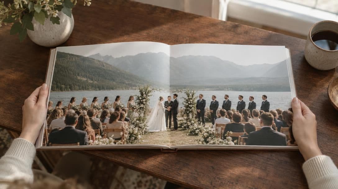 An open layflat wedding album with a ceremony photo across both pages