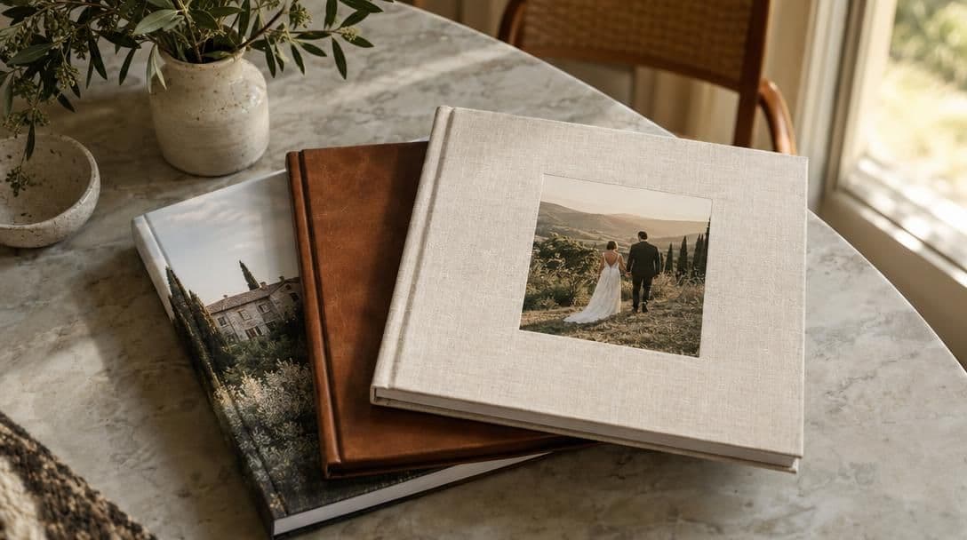 Three wedding albums with different covers stacked on a marble table