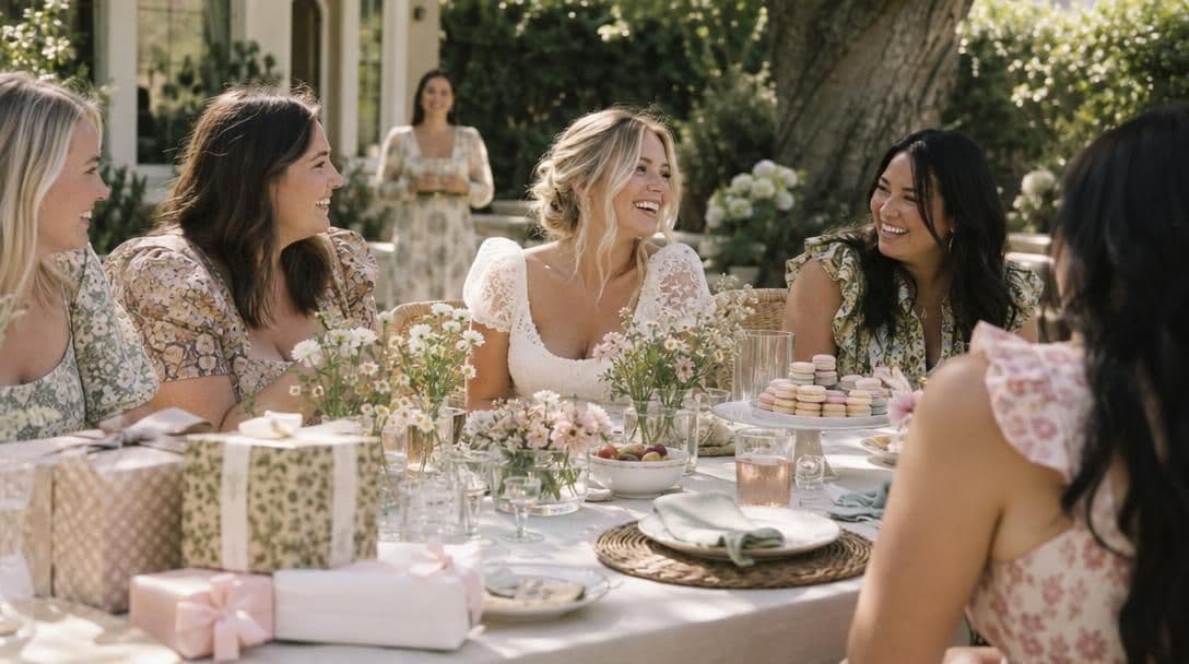 Backyard bridal shower table with flowers, gifts, and friends talking