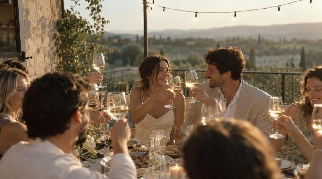 Couple toasting with friends at an outdoor engagement party