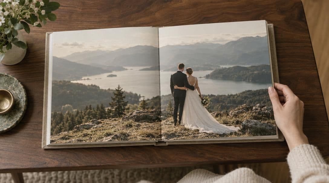 Open flush-mount wedding album with a landscape photo across both pages