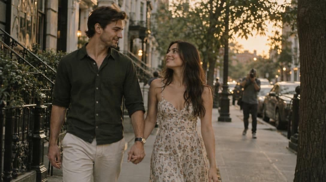 Engaged couple walking a tree-lined street at dusk