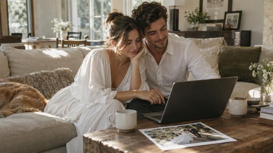 Newlyweds reviewing wedding photos together on a laptop