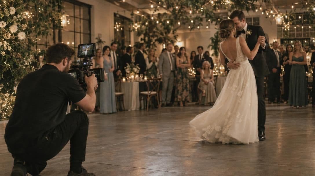Videographer filming a couple's first dance at a reception