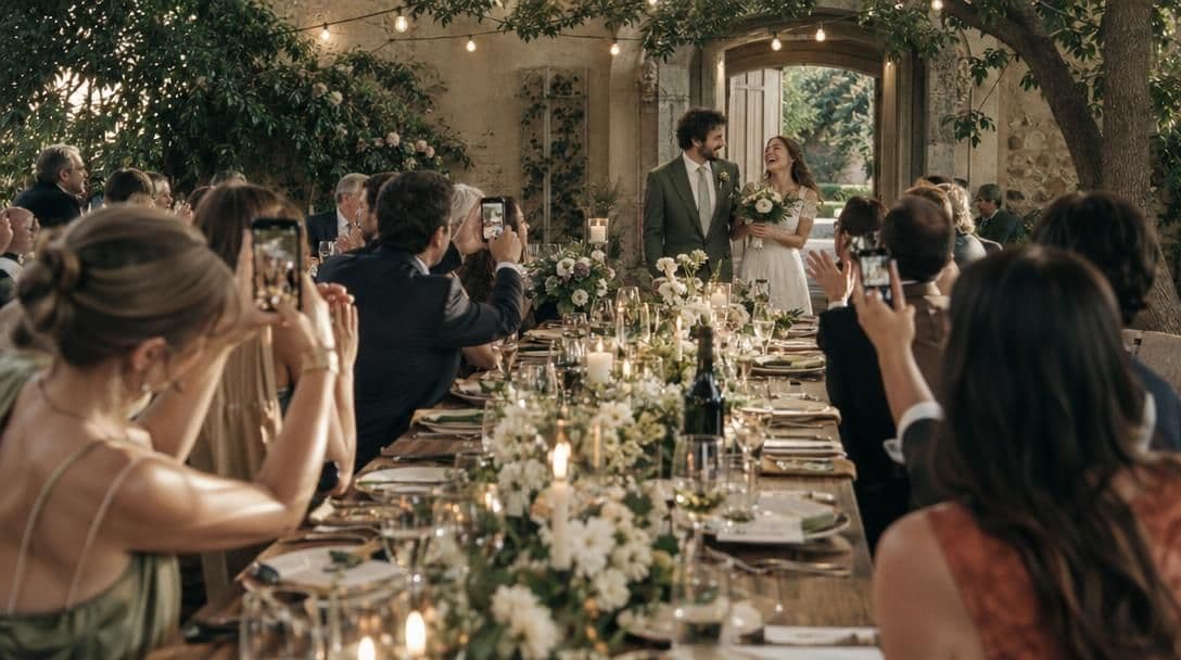 Guests photographing the couple from a long reception table