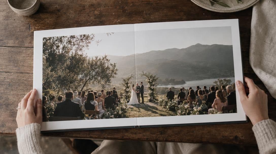 A layflat wedding album opened completely flat on a wooden table