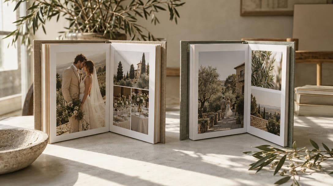 Two linen wedding albums opened side by side on a desk