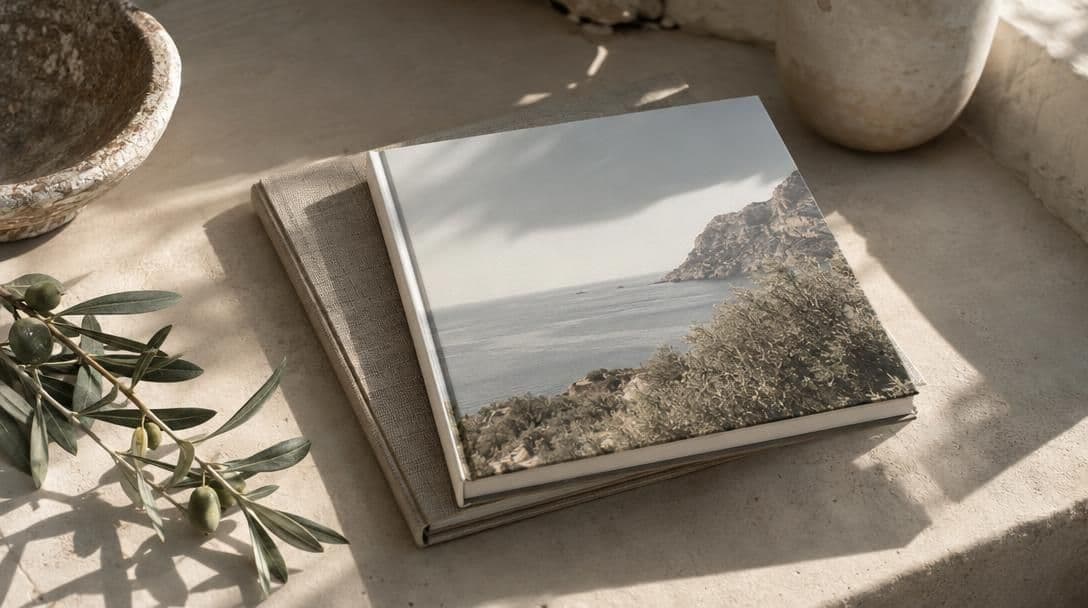 Two square photo books stacked on a sunlit table, one linen and one matte hardcover
