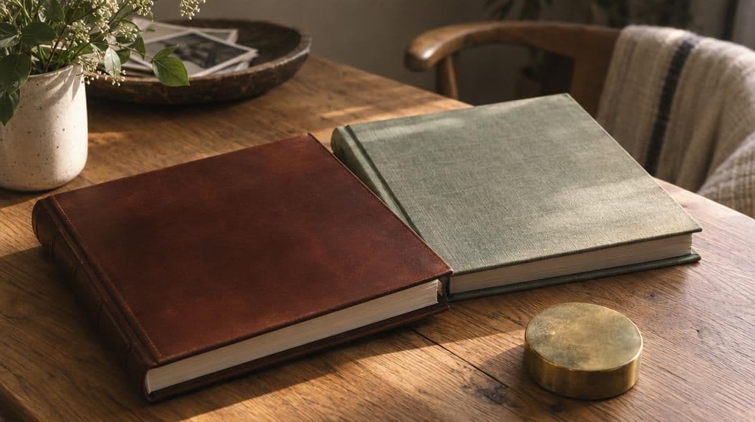 A leather photo album next to a linen album on an oak table