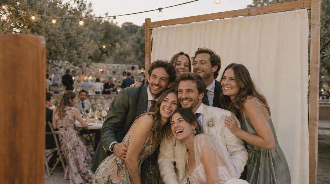 Wedding party crowding into an outdoor photo booth at dusk