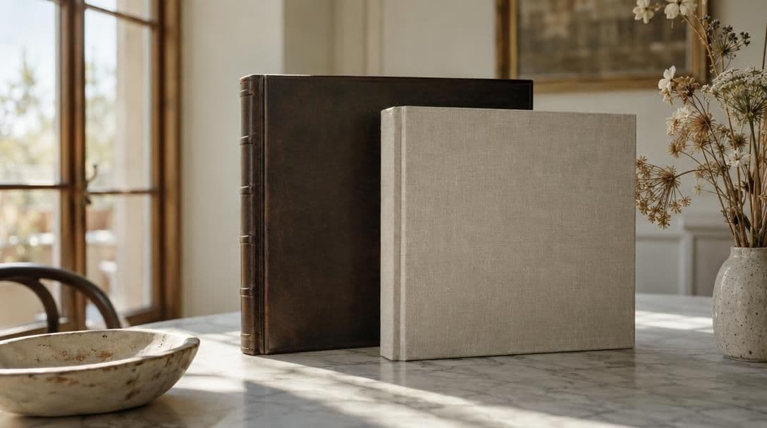 A leather wedding album beside a linen album on a marble table