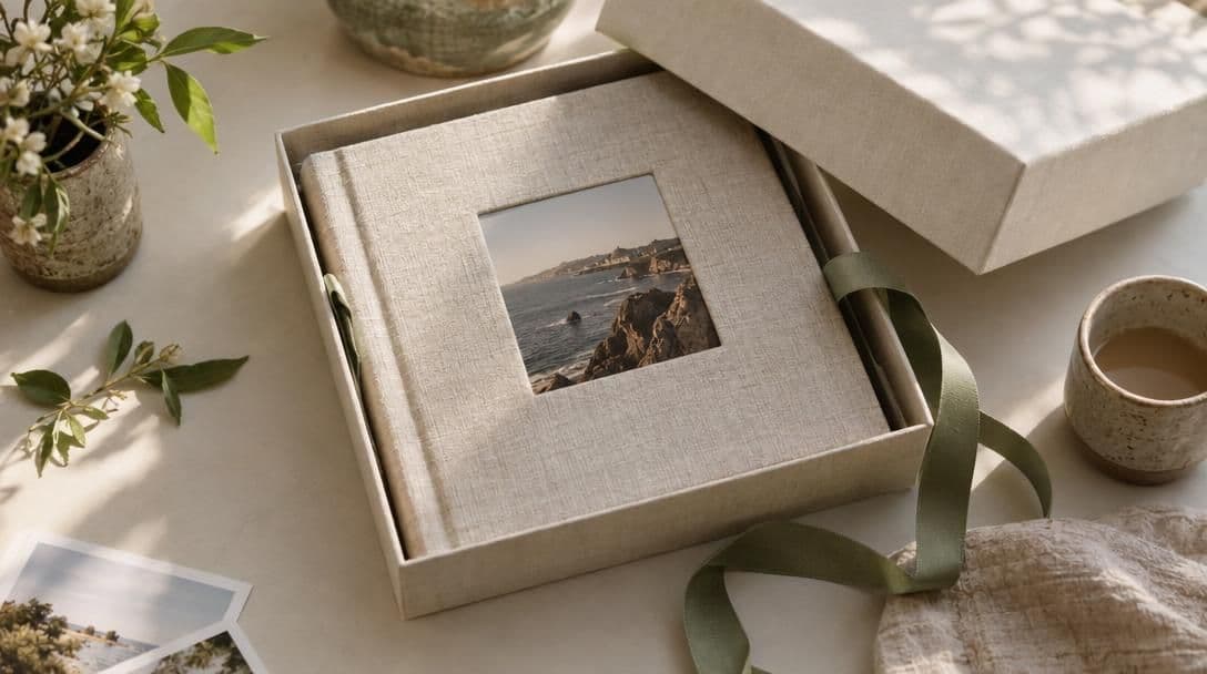 A compact linen photo album in an open boutique gift box