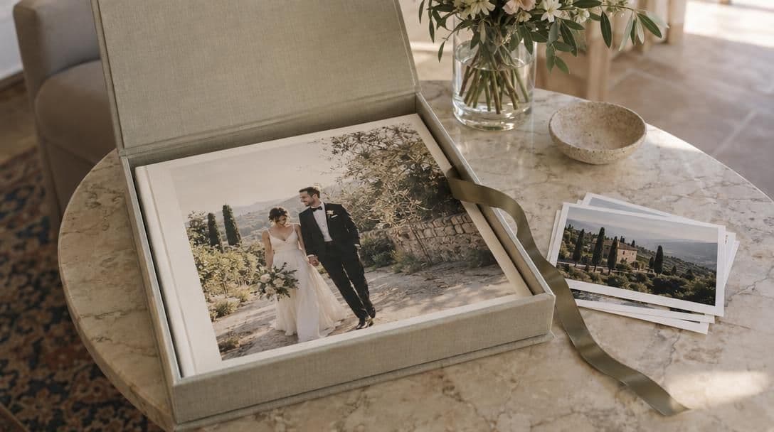 A wedding album in an open cloth presentation box