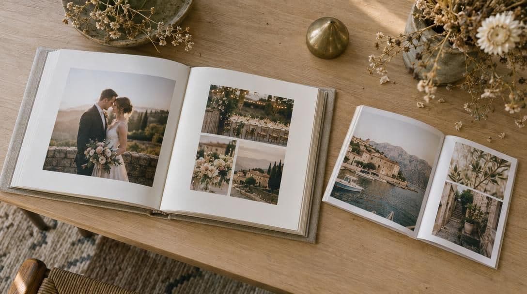 A thick linen wedding album beside a thinner photo book on a table