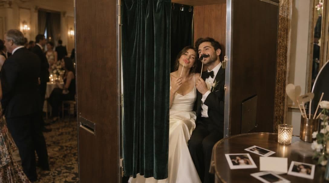 Couple posing in a vintage enclosed photo booth at a reception