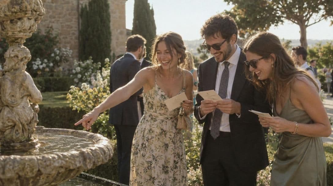 Wedding guests hunting for photos in a garden venue