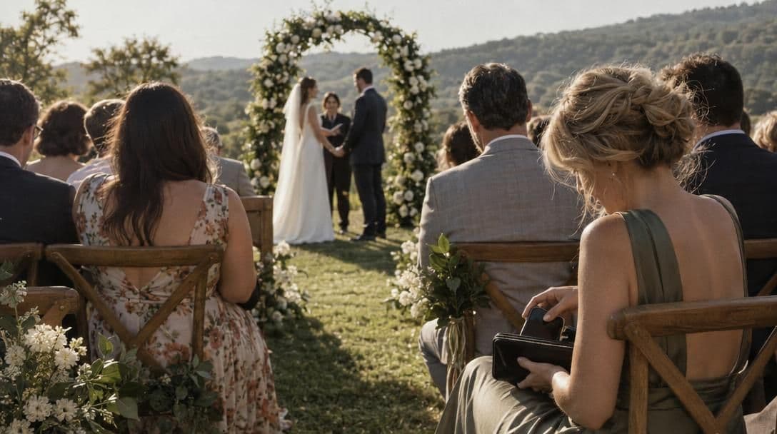Guests watching an outdoor ceremony, one putting a phone away