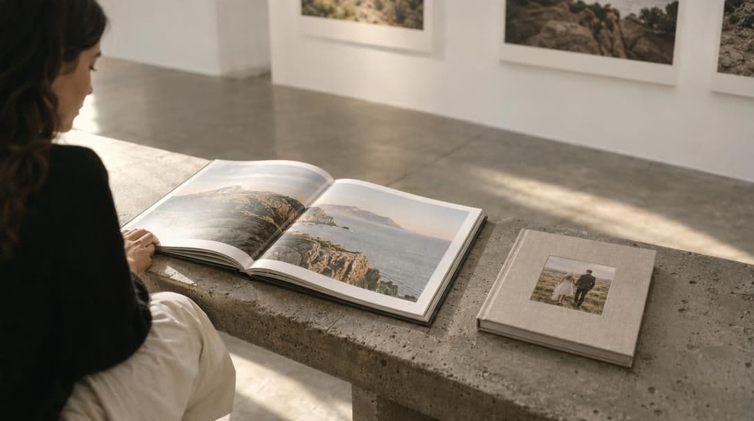A large square art photo book open beside a smaller linen wedding album