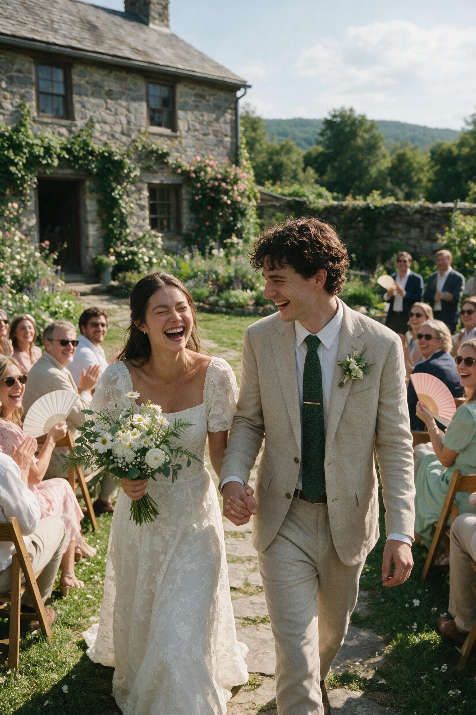 Bride and groom walking down the aisle, laughing with guests