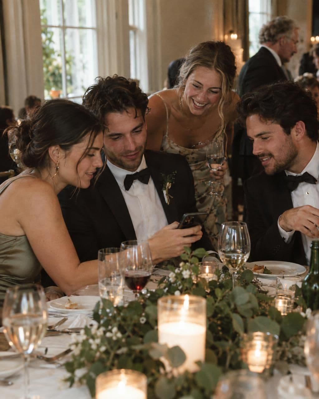 Wedding guests around a reception table looking at photos on a phone