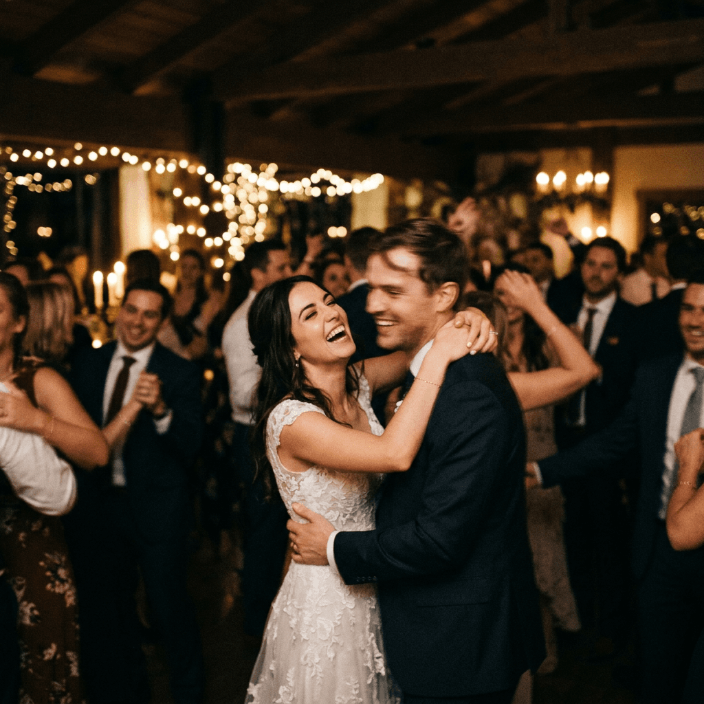 Bride and groom dancing together at the reception