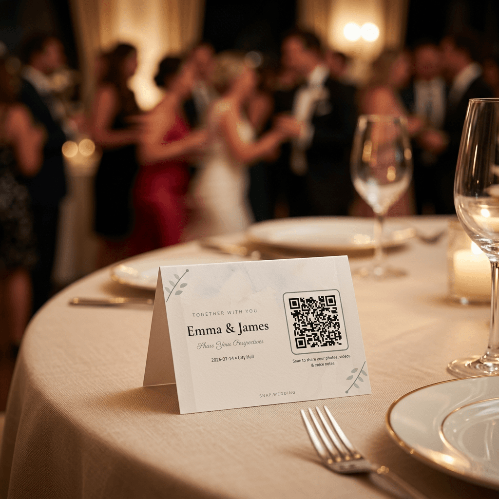 Wedding guest QR card on a reception table - scan to share photos, videos and voice notes